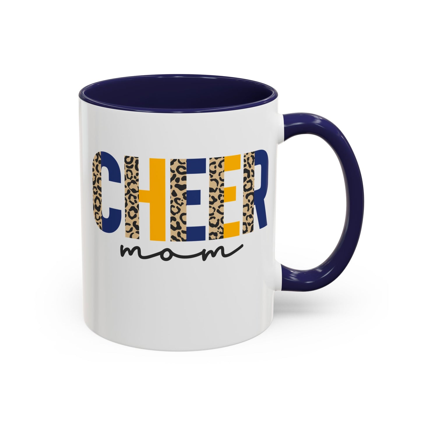 Cheer Mom Mug | Leopard Print Cheer Letters & Navy Handle | 11oz Ceramic
