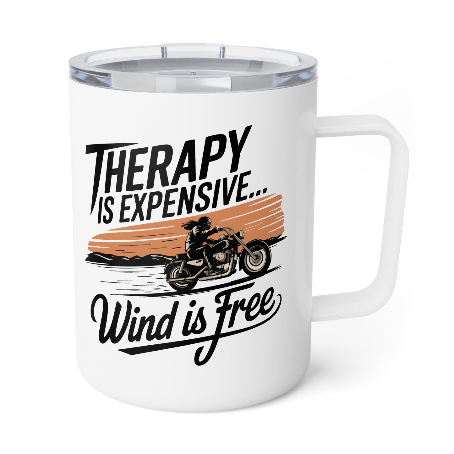 Therapy is Expensive Insulated Biker Coffee Mug, 10oz - Perfect for Bikers, Gift for Coffee Lovers, Rustic Vibe, Road Trip Essentials, Birthday
