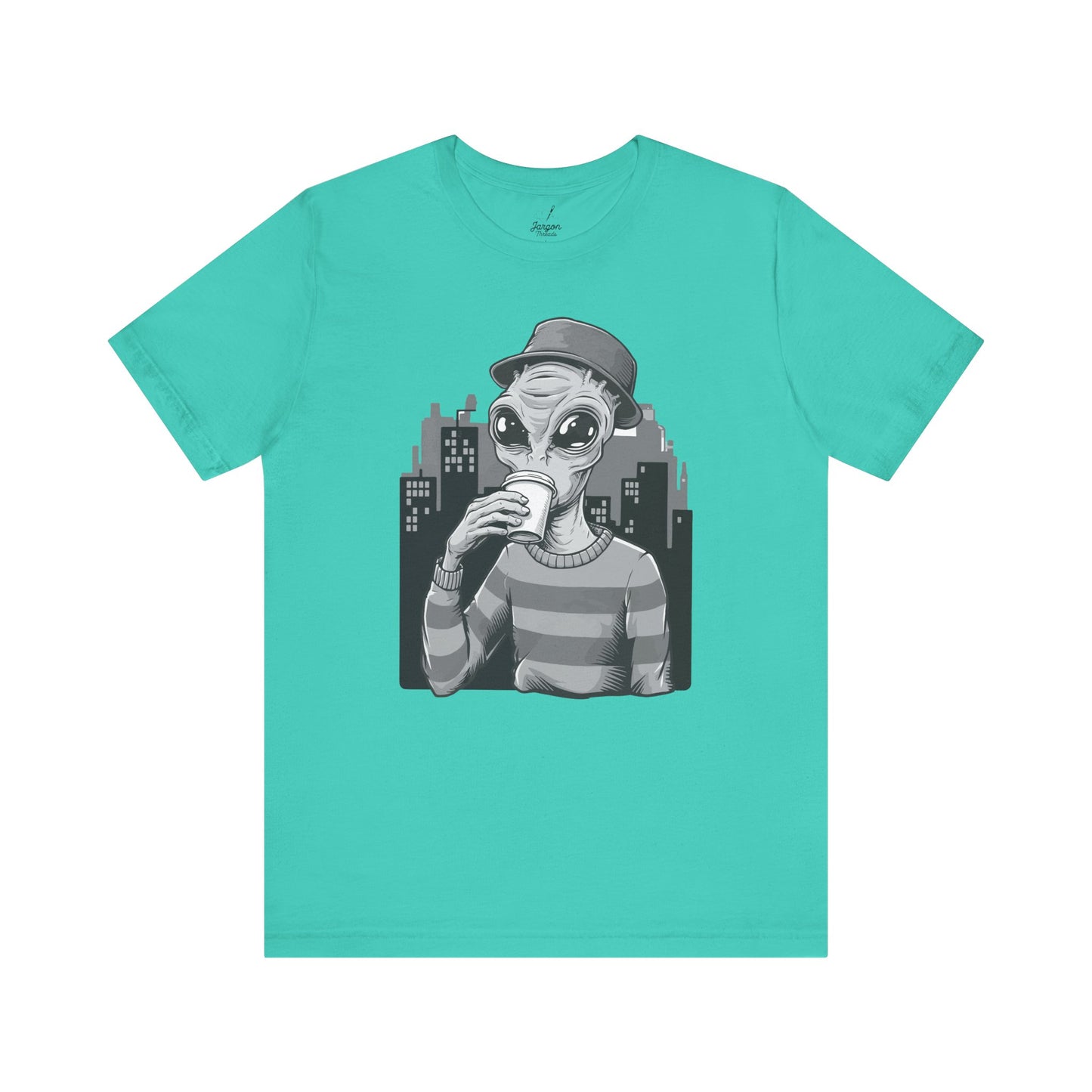 Interstellar Hipster Alien Tee, Funny Space Coffee Lover T-Shirt, Galaxy Graphic Top, Astronaut Shirt, Cosmic Outfit, UFO Apparel
