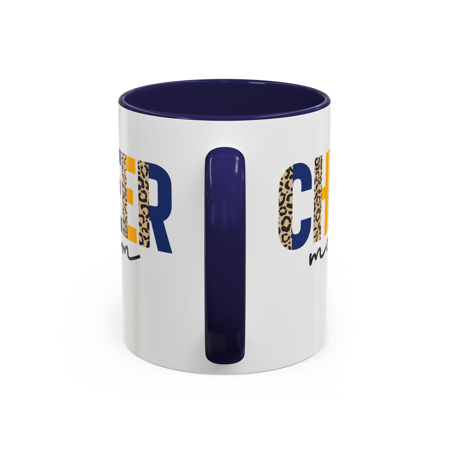 Cheer Mom Mug | Leopard Print Cheer Letters & Navy Handle | 11oz Ceramic