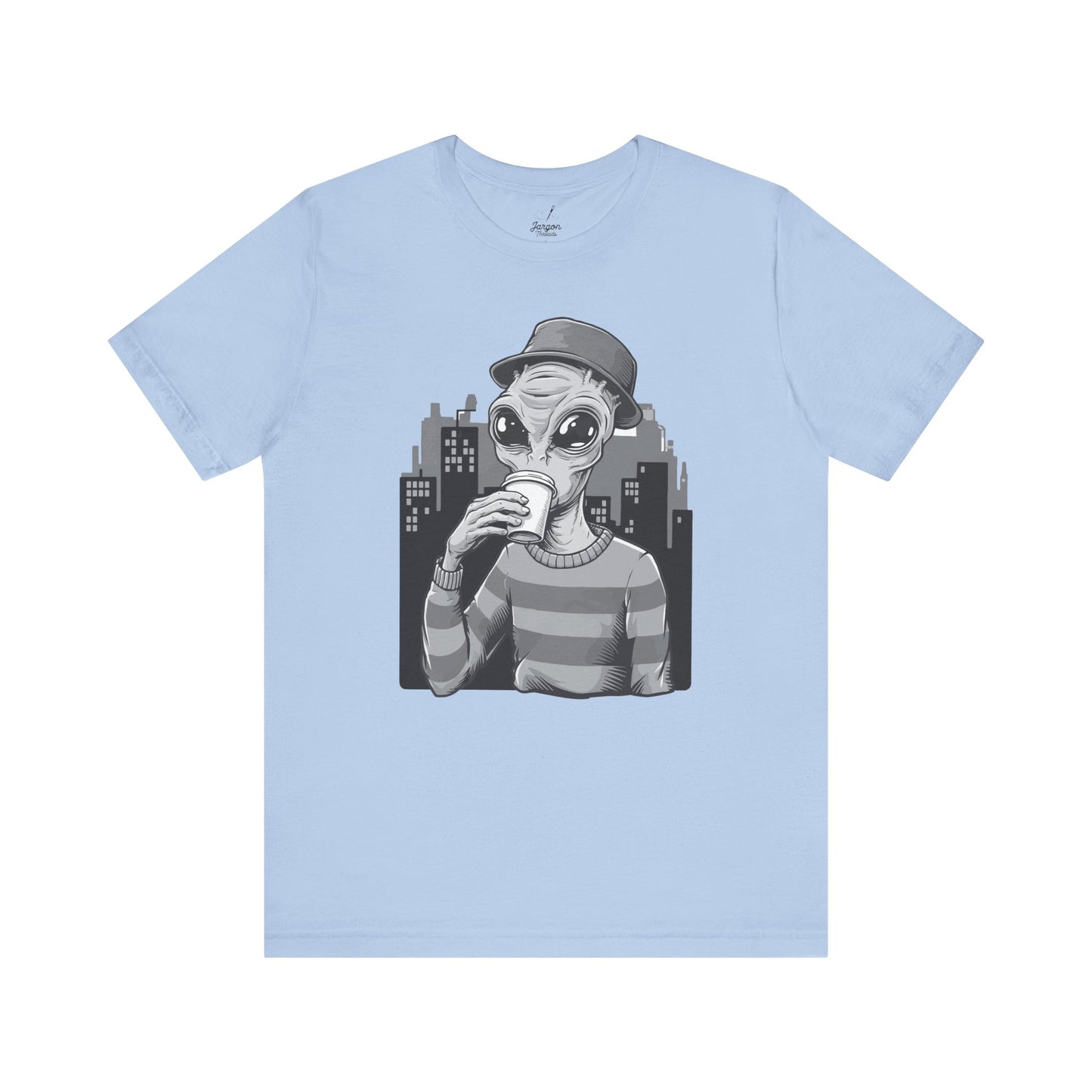 Interstellar Hipster Alien Tee, Funny Space Coffee Lover T-Shirt, Galaxy Graphic Top, Astronaut Shirt, Cosmic Outfit, UFO Apparel