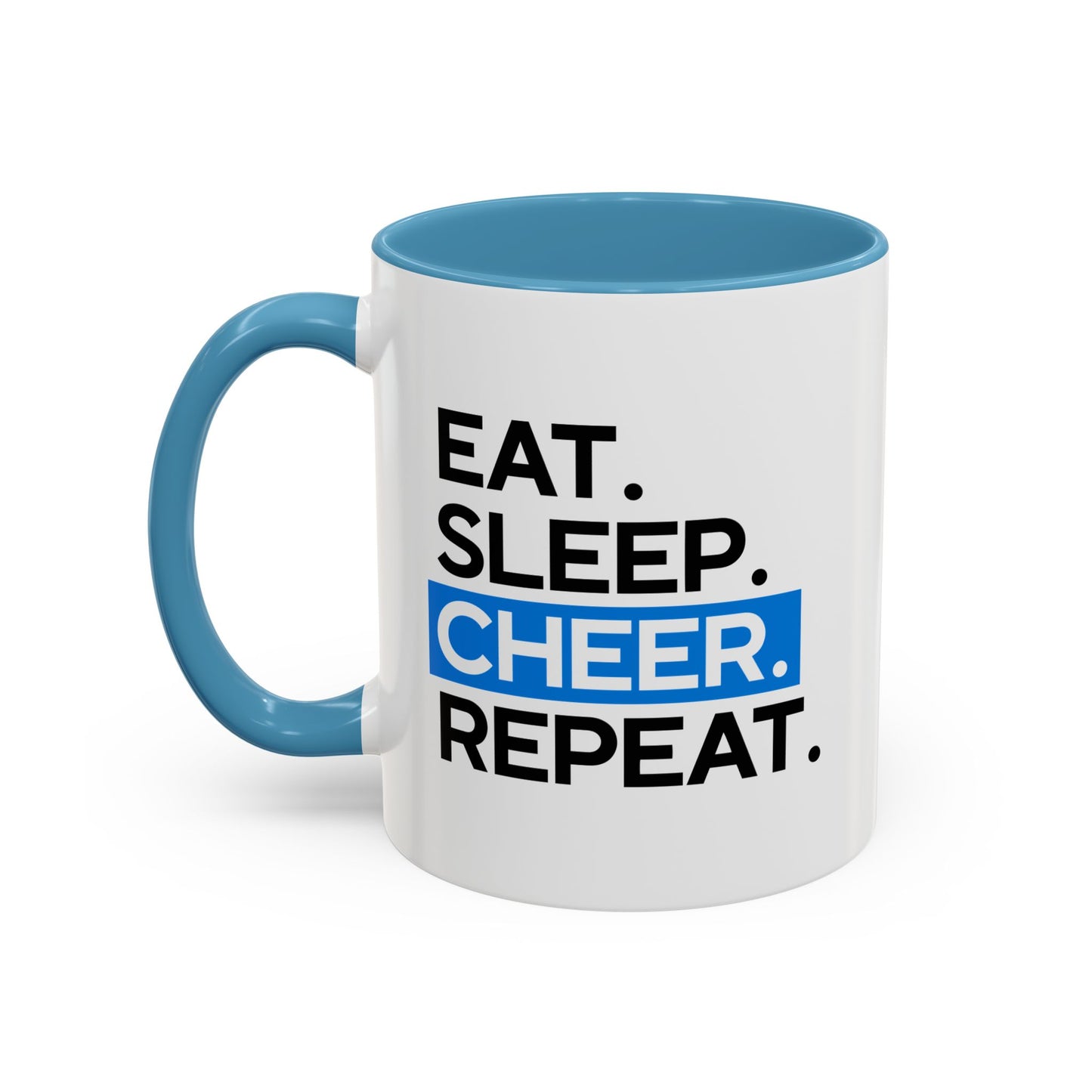 Eat. Sleep. Cheer. Repeat. Mug | Minimalist Bold Font | 11oz in Red or Light Blue