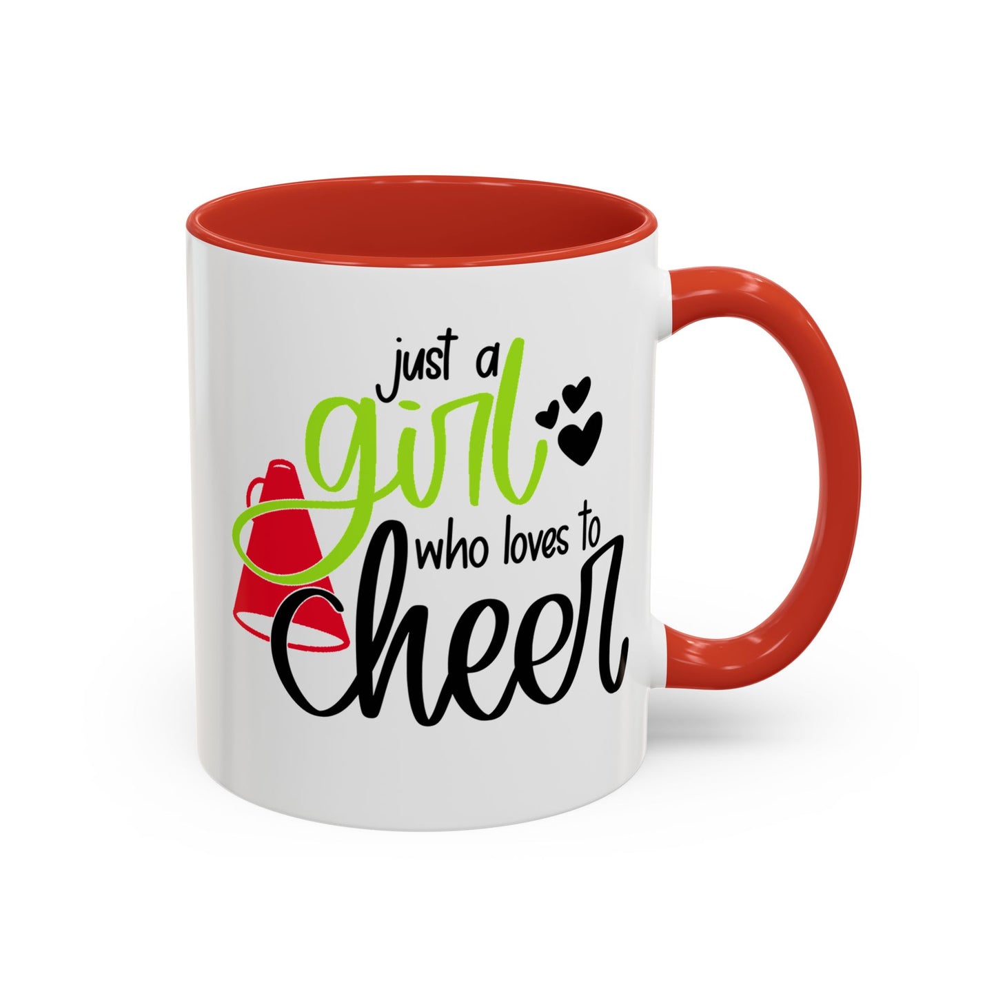 Just a Girl Who Loves to Cheer Mug | Cursive Font with Megaphone | 11oz Cheer Mug