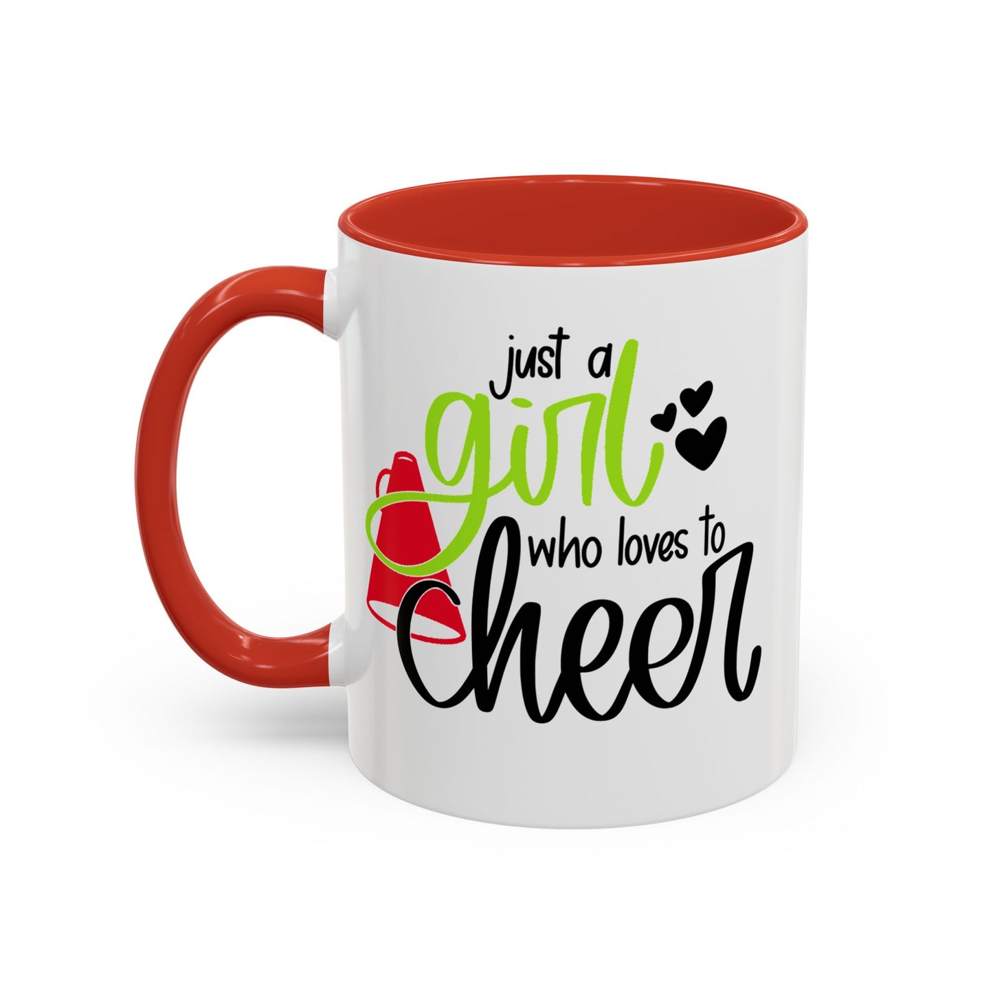 Just a Girl Who Loves to Cheer Mug | Cursive Font with Megaphone | 11oz Cheer Mug