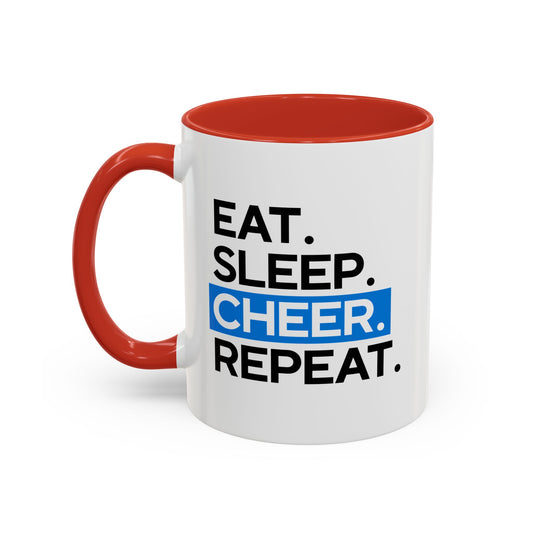 Eat. Sleep. Cheer. Repeat. Mug | Minimalist Bold Font | 11oz in Red or Light Blue