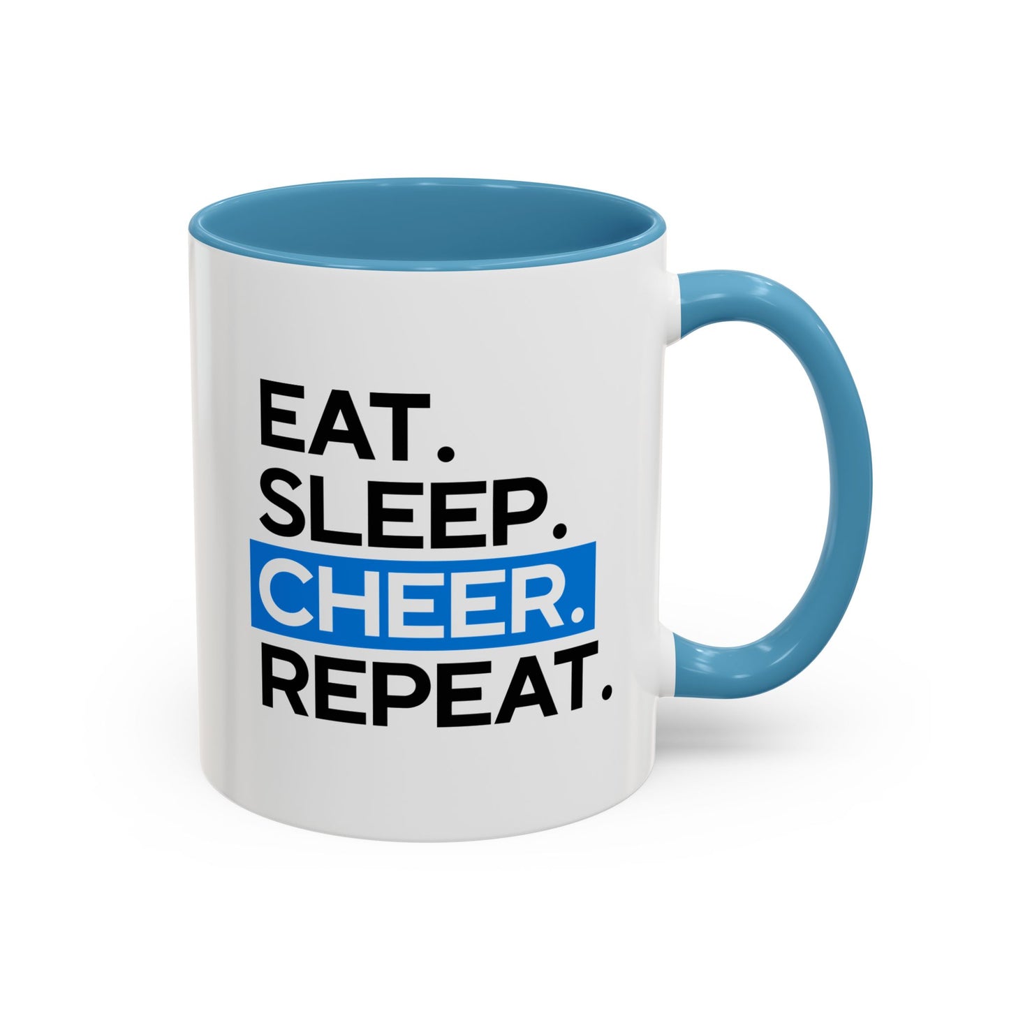 Eat. Sleep. Cheer. Repeat. Mug | Minimalist Bold Font | 11oz in Red or Light Blue