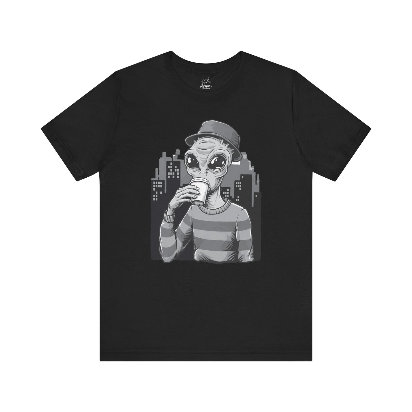 Interstellar Hipster Alien Tee, Funny Space Coffee Lover T-Shirt, Galaxy Graphic Top, Astronaut Shirt, Cosmic Outfit, UFO Apparel