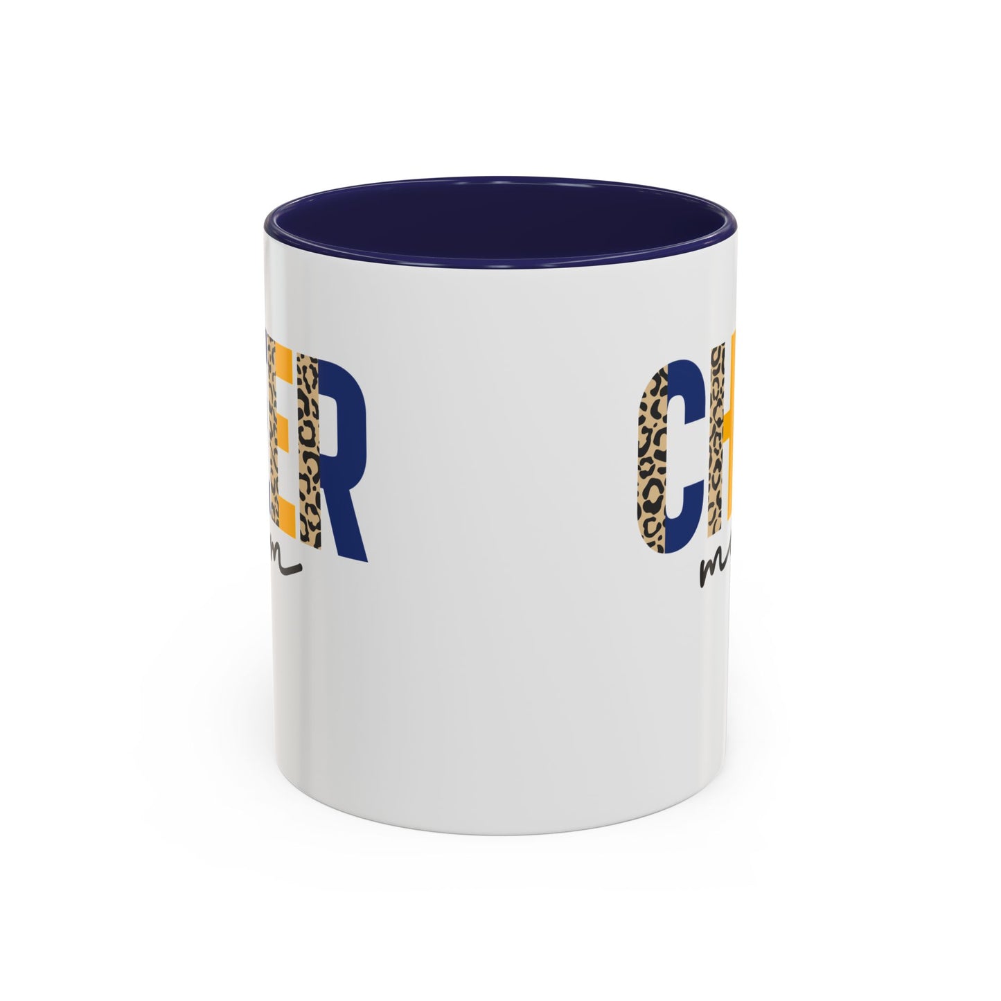 Cheer Mom Mug | Leopard Print Cheer Letters & Navy Handle | 11oz Ceramic