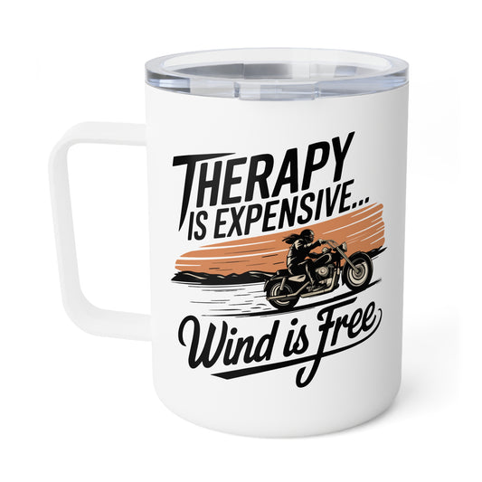 Therapy is Expensive Insulated Biker Coffee Mug, 10oz - Perfect for Bikers, Gift for Coffee Lovers, Rustic Vibe, Road Trip Essentials, Birthday