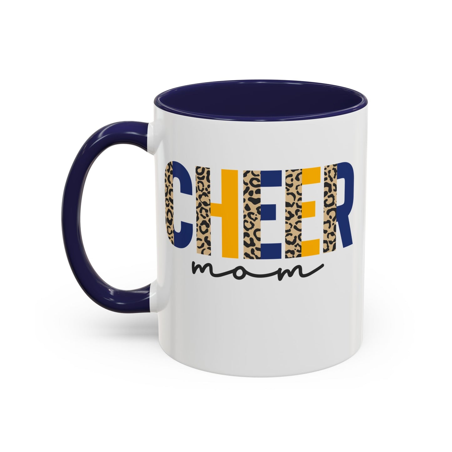 Cheer Mom Mug | Leopard Print Cheer Letters & Navy Handle | 11oz Ceramic