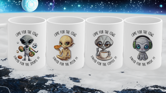 Extraterrestrial Mug Medley: Out Of This World Humor! Set of four (4) mugs.