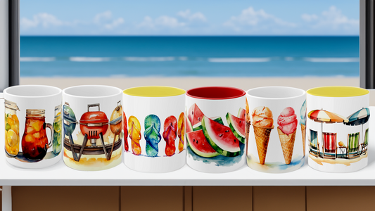 Summertime Palette set of six (6) Watercolor Coffee Mugs.