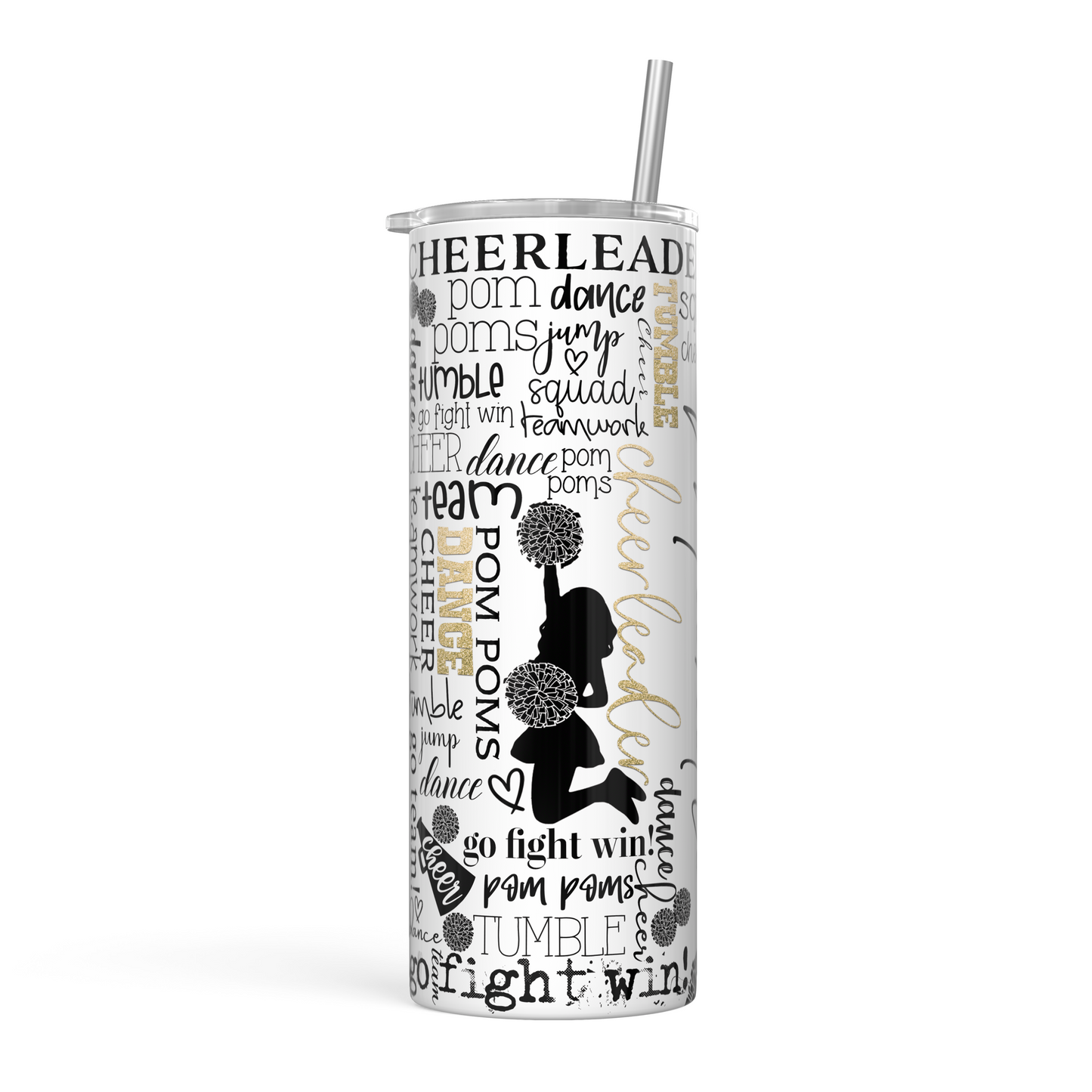 20oz Skinny Tumbler | Personalized Cheerleader-Inspired Design with Gold Accents