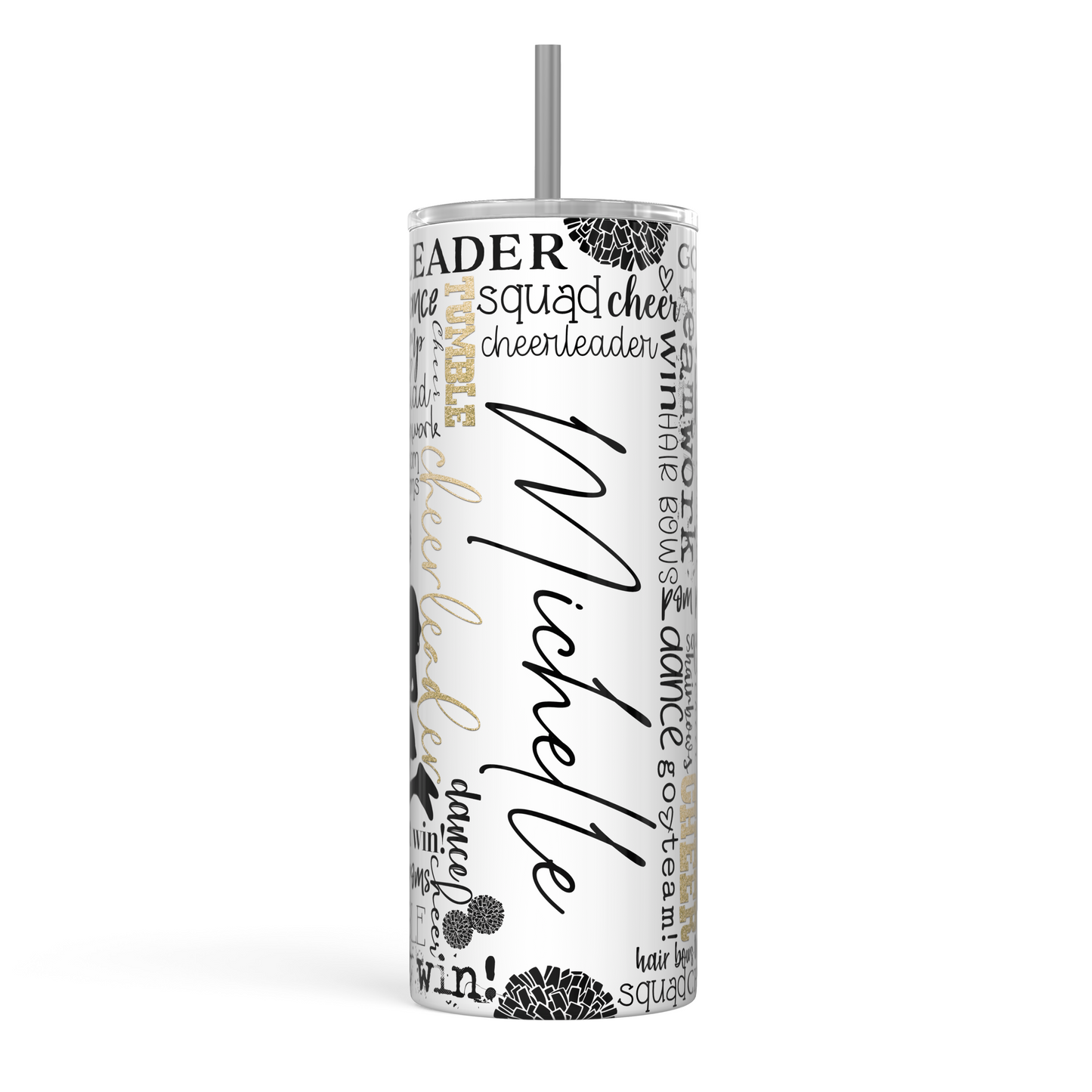 20oz Skinny Tumbler | Personalized Cheerleader-Inspired Design with Gold Accents