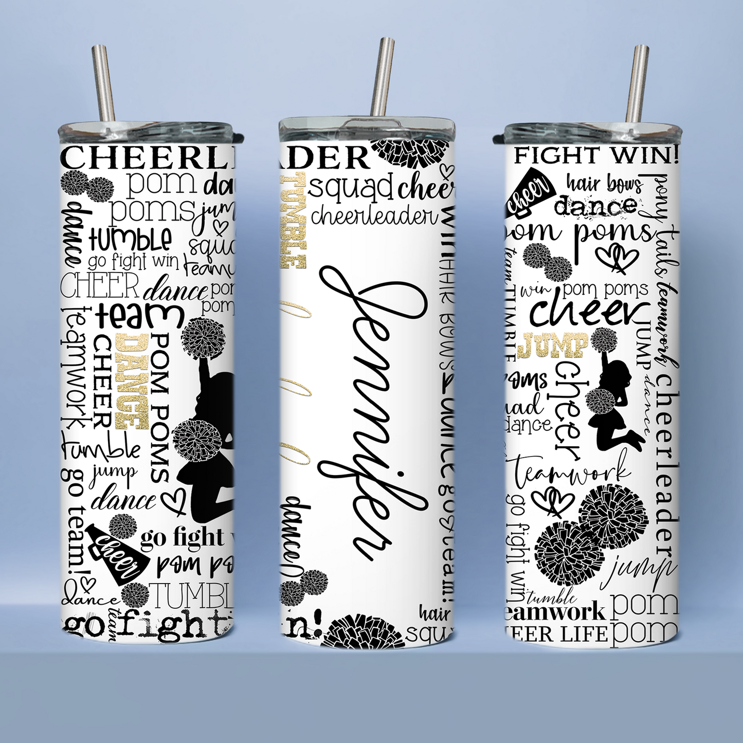 20oz Skinny Tumbler | Personalized Cheerleader-Inspired Design with Gold Accents