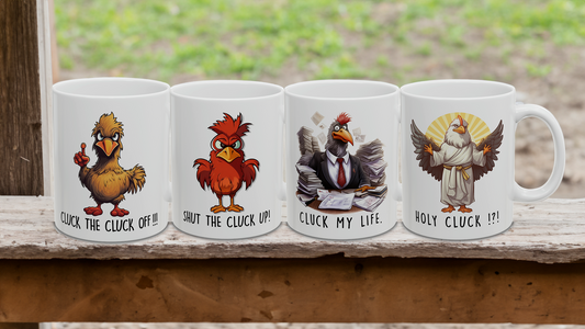 Cluckin' A Right!!! Set of Four Funny Cluckin Chicken Mugs!