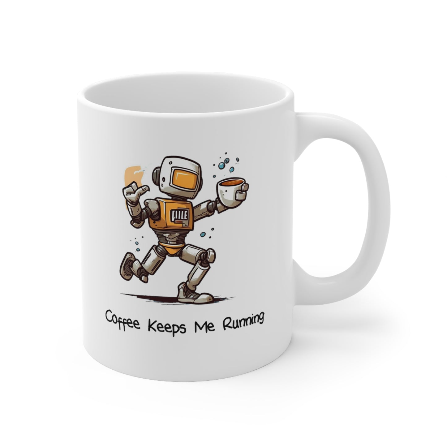 "Coffee Keeps Me Running" 110z Running Robot Coffee Mug.