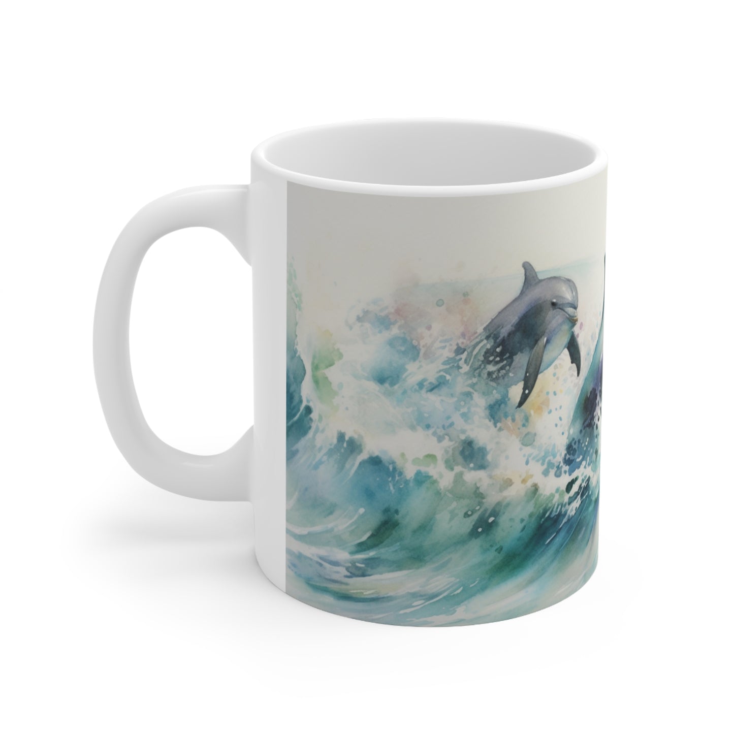 Dolphin Trio Coffee Mug, Watercolor Series Collectible Sea life Ceramic Mug 11oz