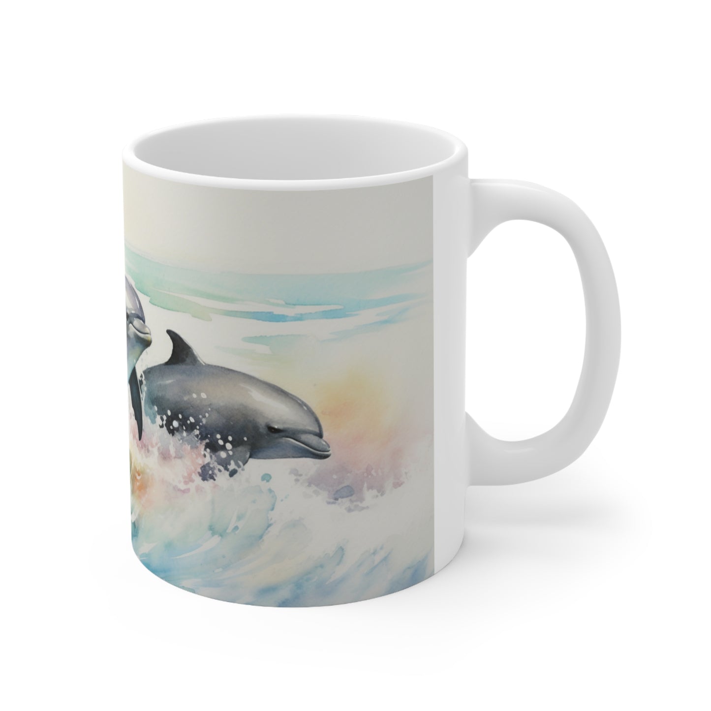 Dolphin Trio Coffee Mug, Watercolor Series Collectible Sea life Ceramic Mug 11oz