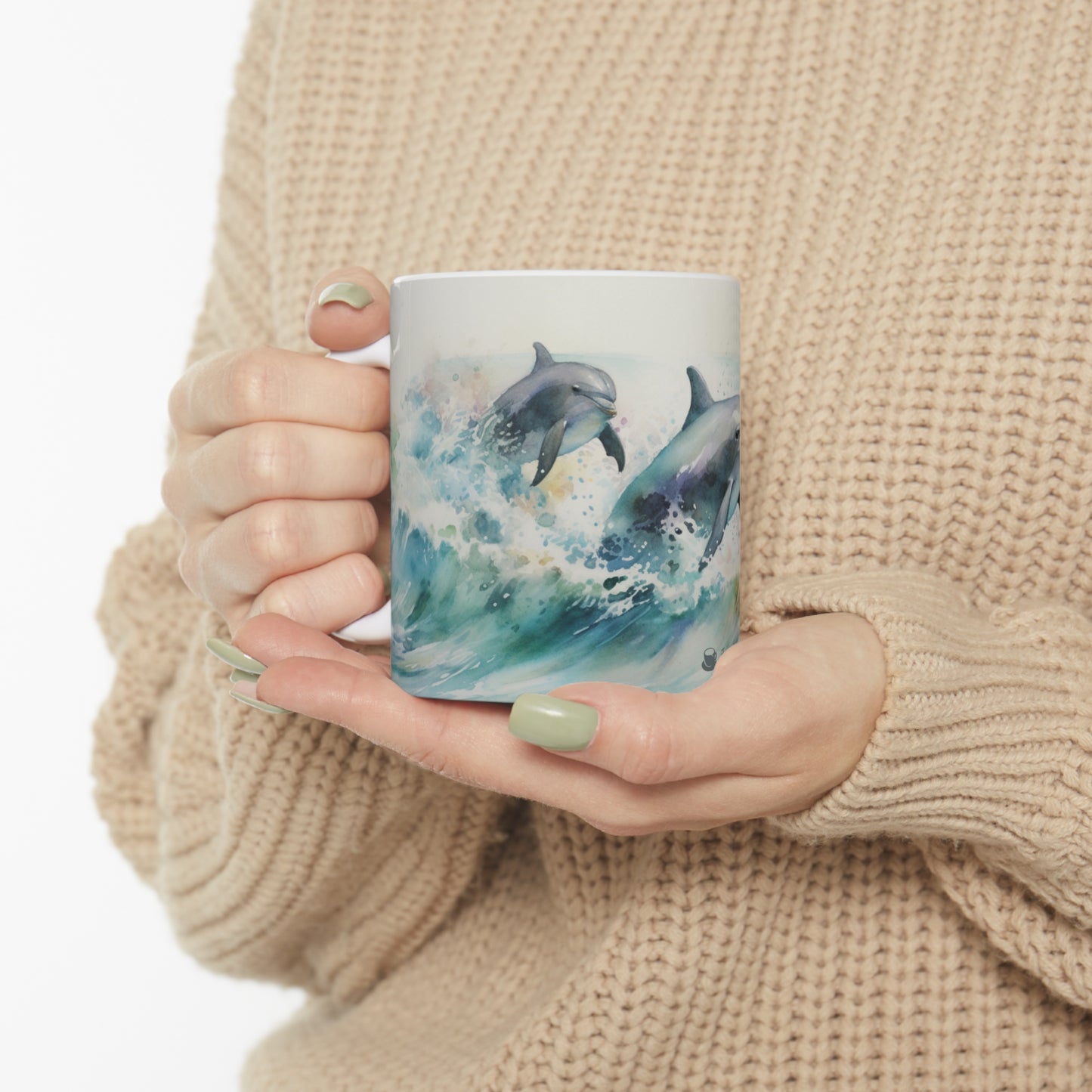 Dolphin Trio Coffee Mug, Watercolor Series Collectible Sea life Ceramic Mug 11oz