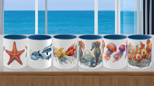From the Sea, set of Six (6) Watercolor Mugs.