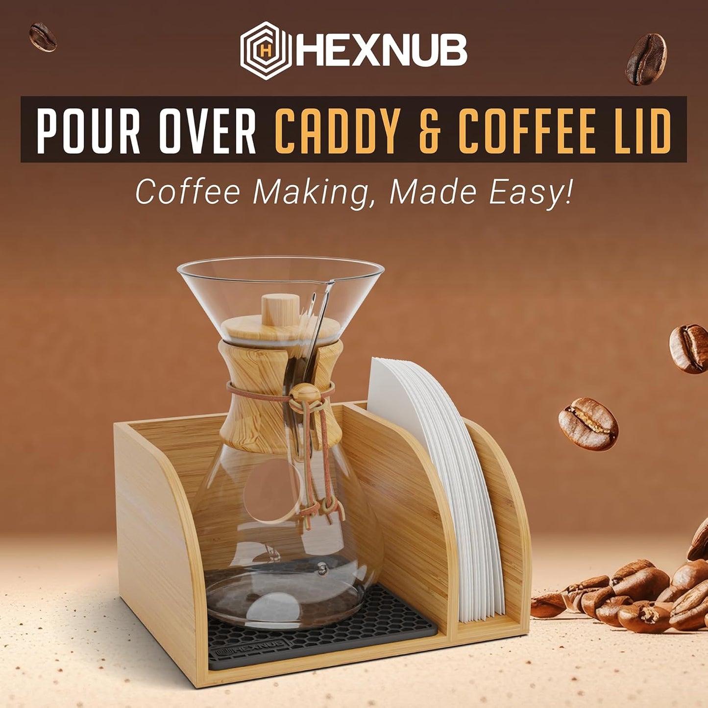 HEXNUB Bamboo Caddy for Pour Over Coffee Makers – Black Heatproof Mat