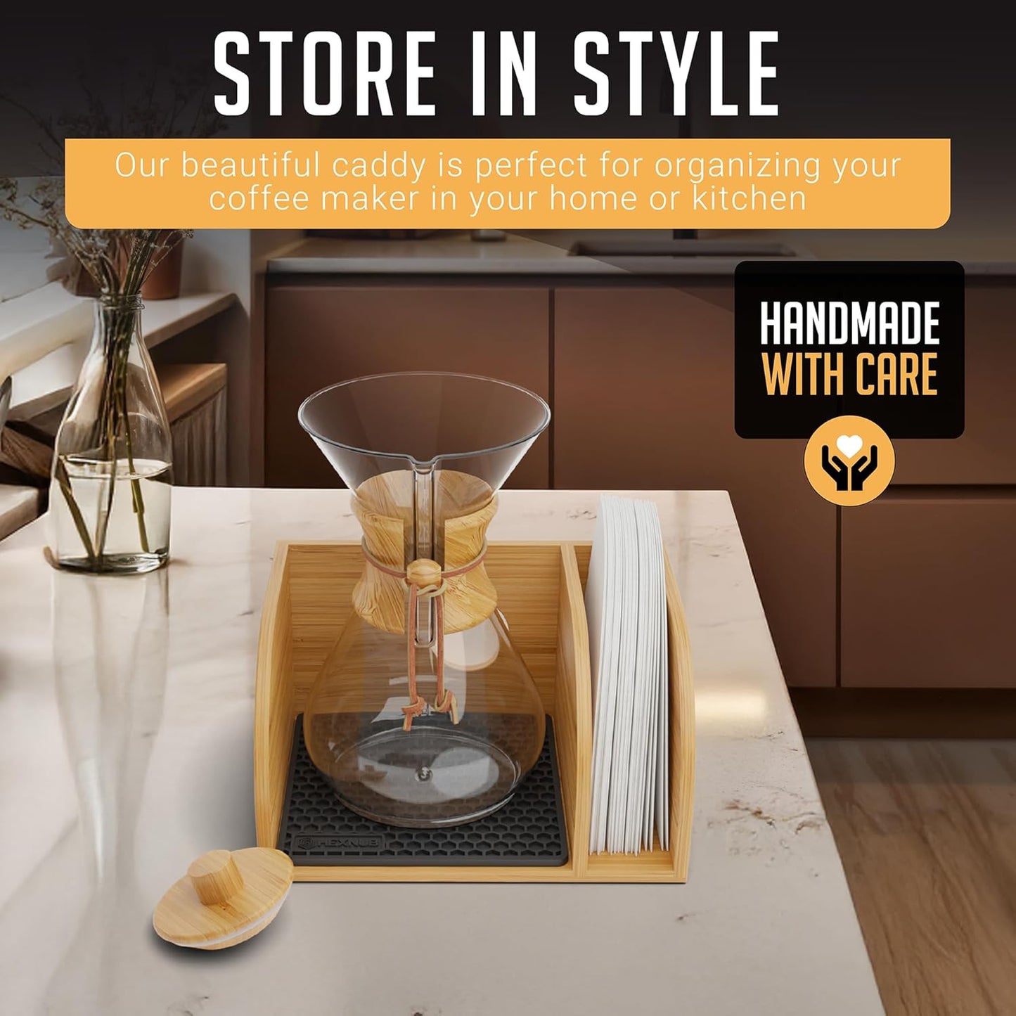 HEXNUB Bamboo Caddy for Pour Over Coffee Makers – Black Heatproof Mat