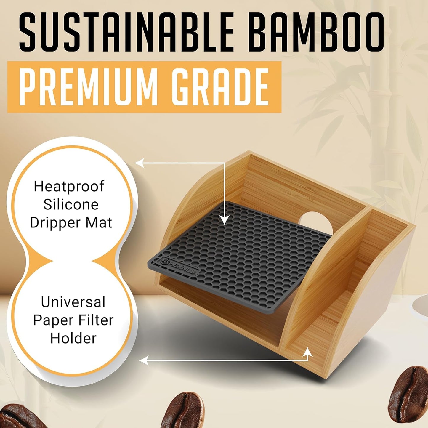 HEXNUB Bamboo Caddy for Pour Over Coffee Makers – Black Heatproof Mat