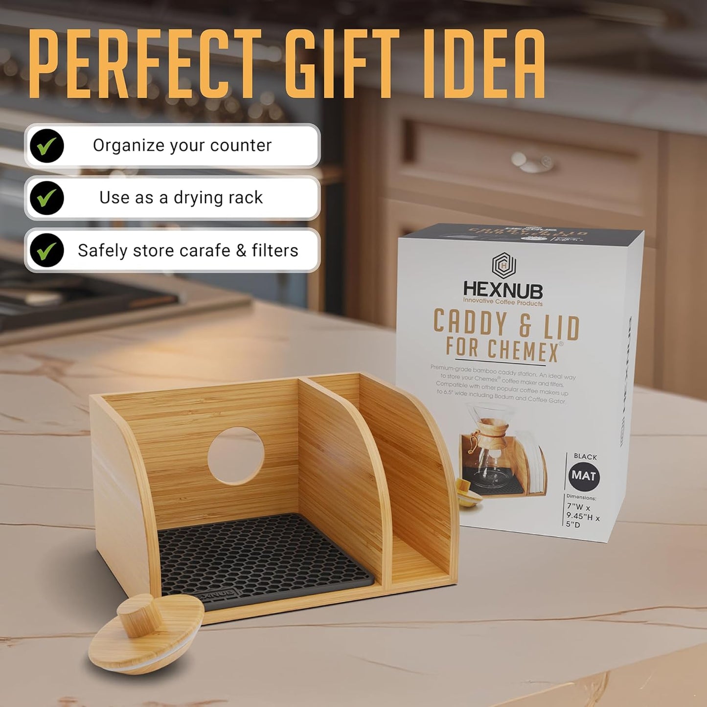 HEXNUB Bamboo Caddy for Pour Over Coffee Makers – Black Heatproof Mat