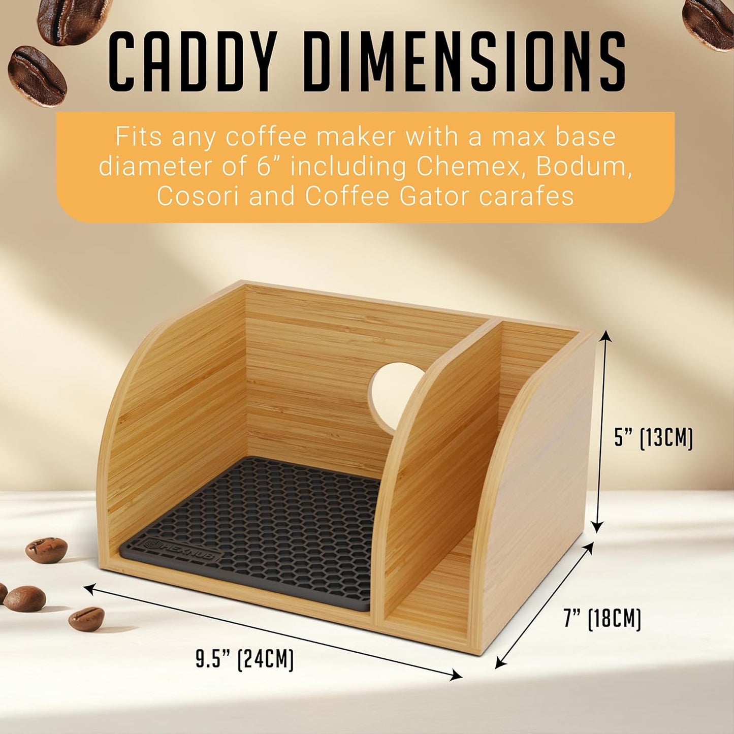 HEXNUB Bamboo Caddy for Pour Over Coffee Makers – Black Heatproof Mat