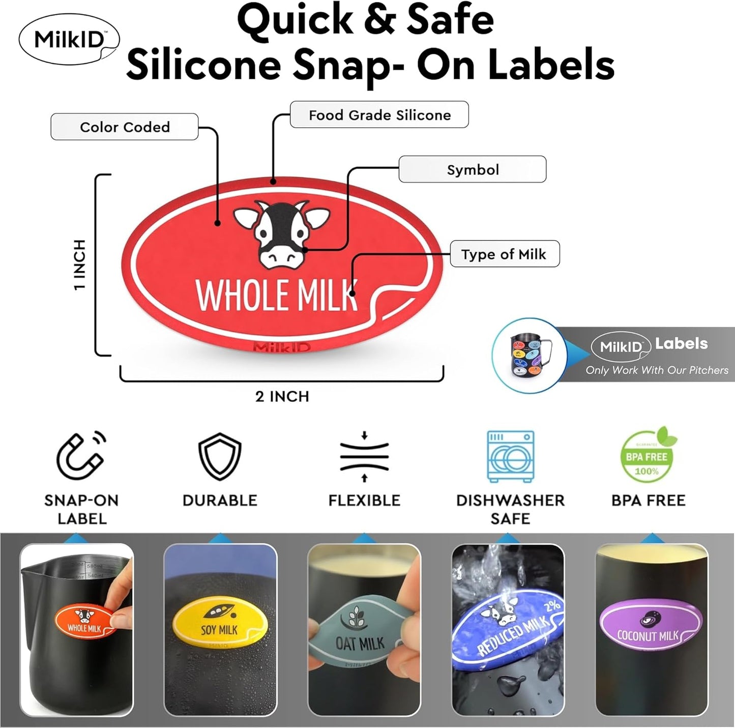 Milk Frothing Pitcher with 8 Allergen Silicone Snap-On Labels | 20oz Pitcher + Label Kit