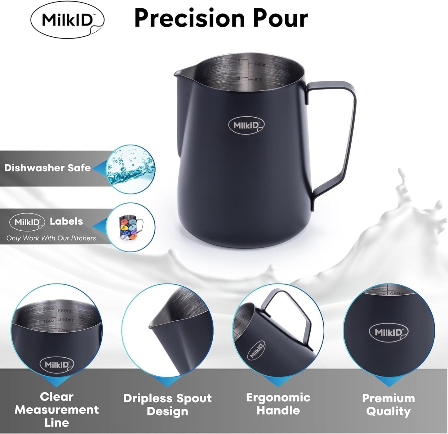 Milk Frothing Pitcher with 8 Allergen Silicone Snap-On Labels | 20oz Pitcher + Label Kit