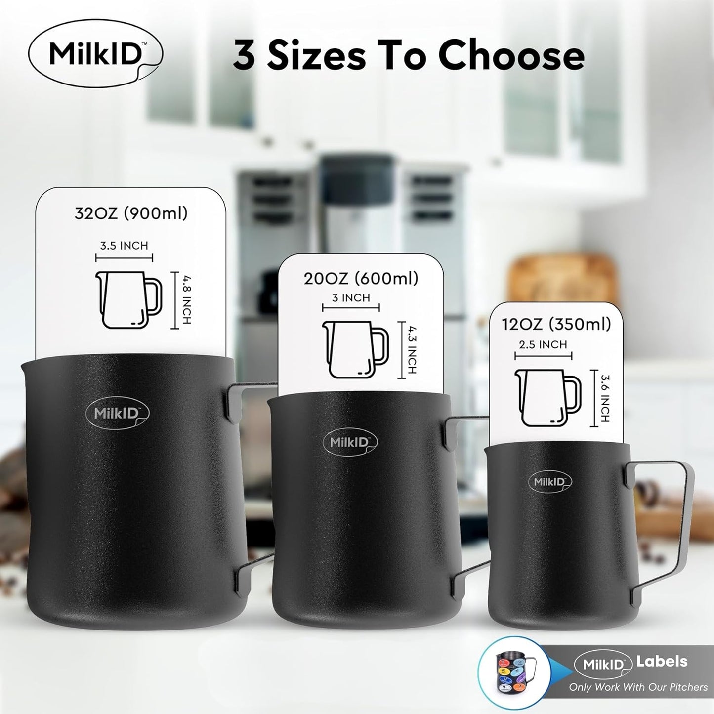 Milk Frothing Pitcher with 8 Allergen Silicone Snap-On Labels | 20oz Pitcher + Label Kit