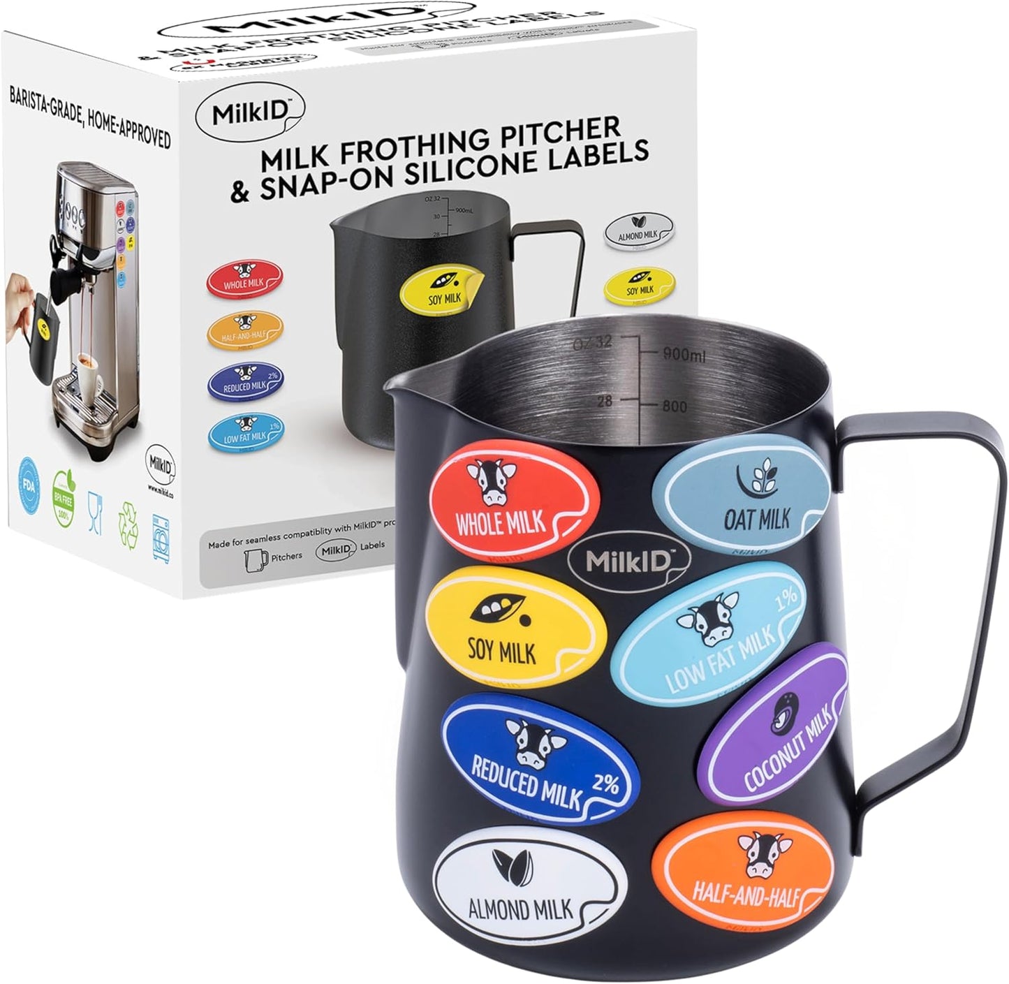 Milk Frothing Pitcher with 8 Allergen Silicone Snap-On Labels | 20oz Pitcher + Label Kit