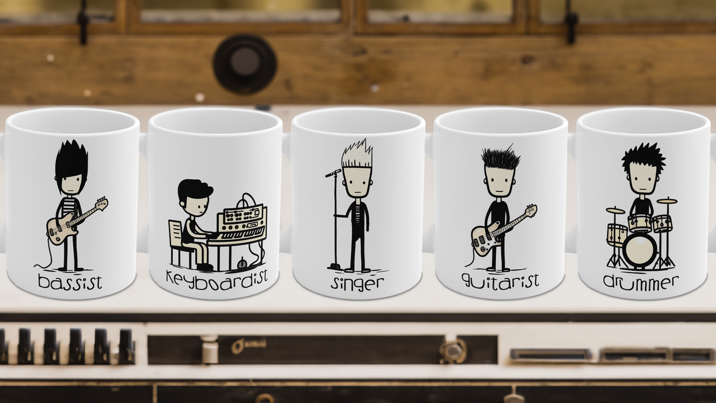 The Band...set of five (5) Stick figure band member mugs
