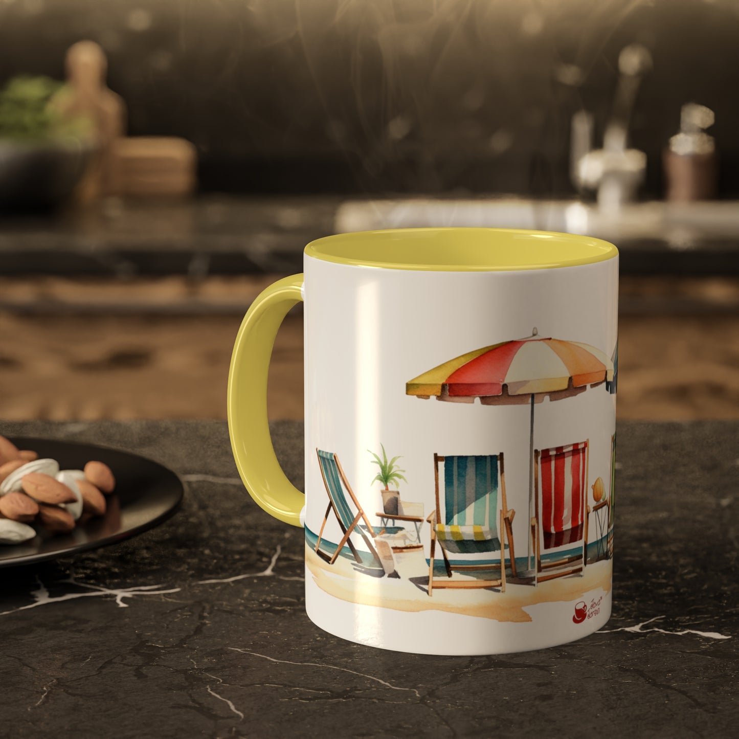 The Beach, Watercolor Beach Scene Summertime Series collectible 11oz Accent Coffee Mug.