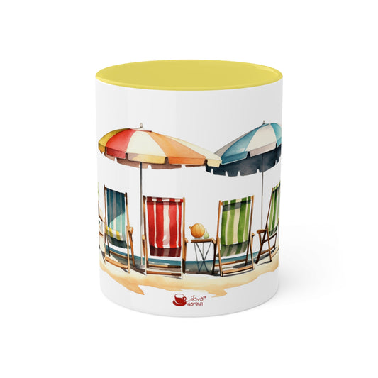 The Beach, Watercolor Beach Scene Summertime Series collectible 11oz Accent Coffee Mug.