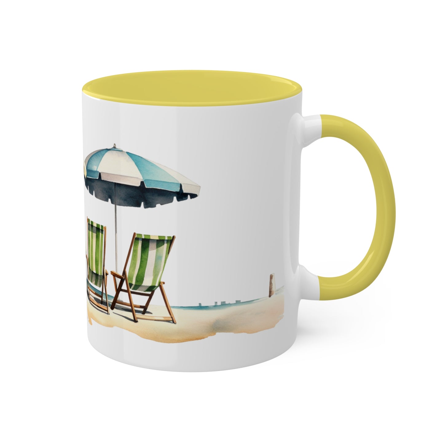 The Beach, Watercolor Beach Scene Summertime Series collectible 11oz Accent Coffee Mug.