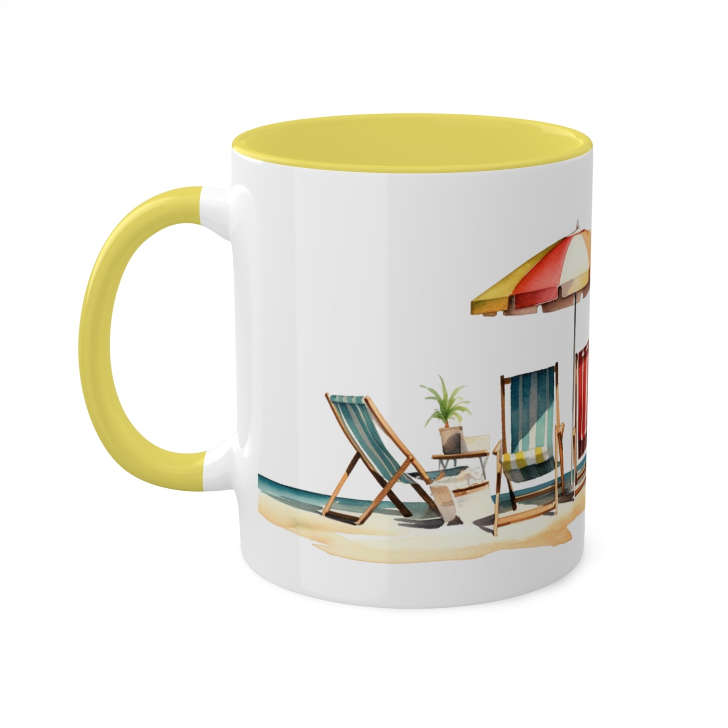 The Beach, Watercolor Beach Scene Summertime Series collectible 11oz Accent Coffee Mug.