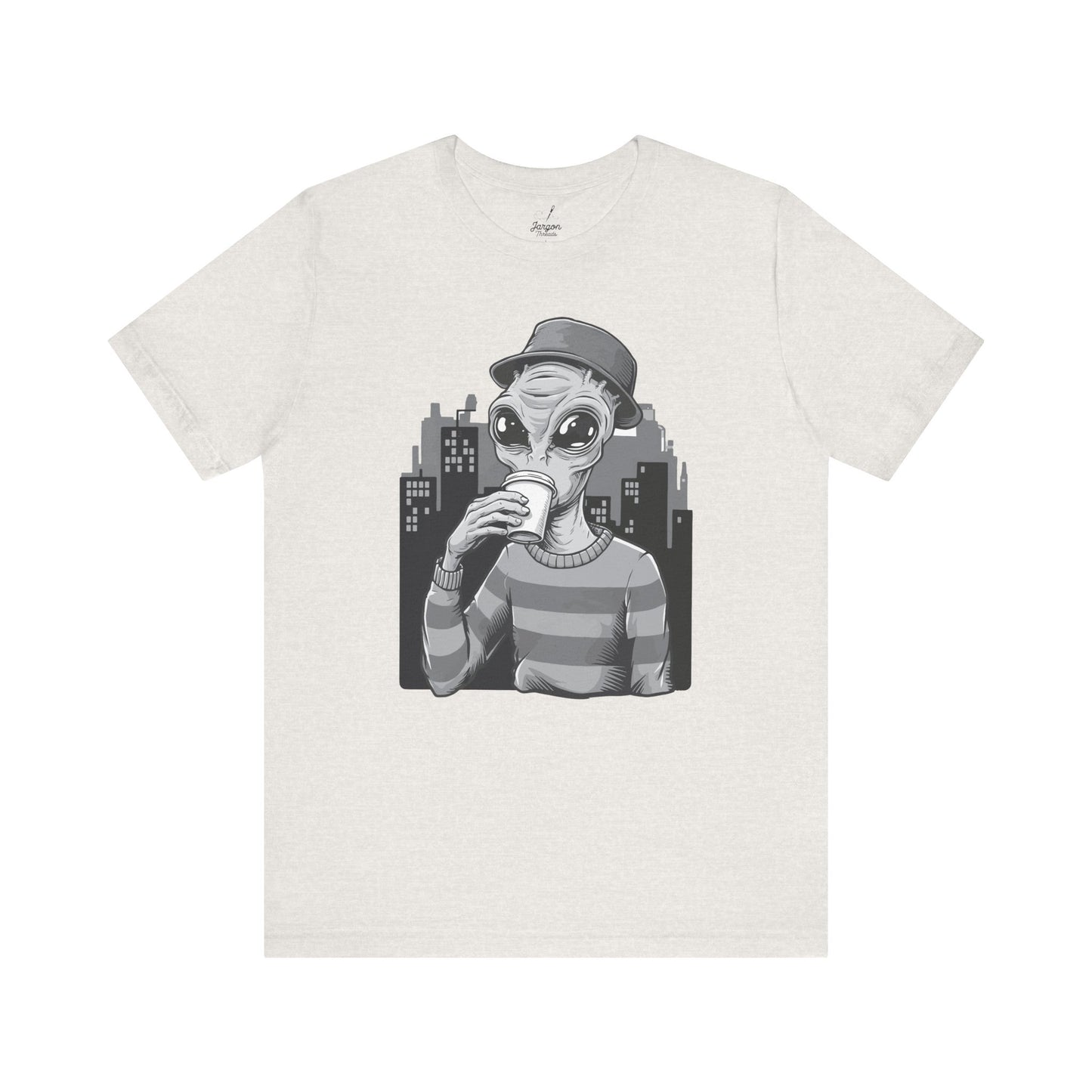 Interstellar Hipster Alien Tee, Funny Space Coffee Lover T-Shirt, Galaxy Graphic Top, Astronaut Shirt, Cosmic Outfit, UFO Apparel