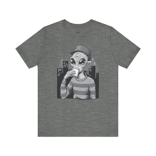Interstellar Hipster Alien Tee, Funny Space Coffee Lover T-Shirt, Galaxy Graphic Top, Astronaut Shirt, Cosmic Outfit, UFO Apparel