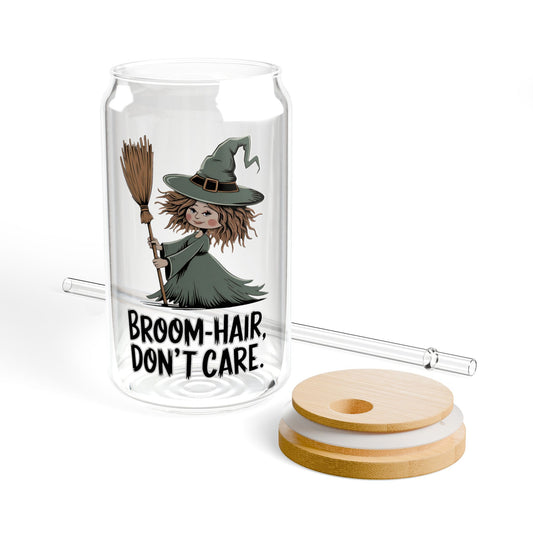 Broom Hair Don't Care Halloween Funny Witch Sipper Glass 16(oz)