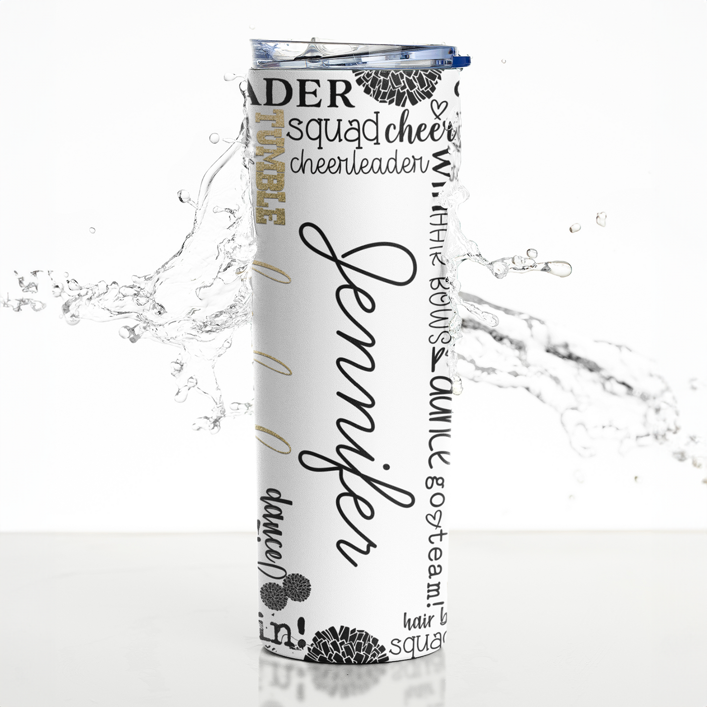 20oz Skinny Tumbler | Personalized Cheerleader-Inspired Design with Gold Accents