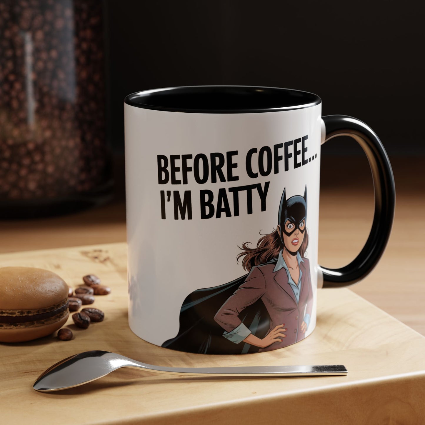 Before Coffee I'm Batty" – Fun Bat Mask & Cape Graphic Mug | Perfect Coffee Gift for Her