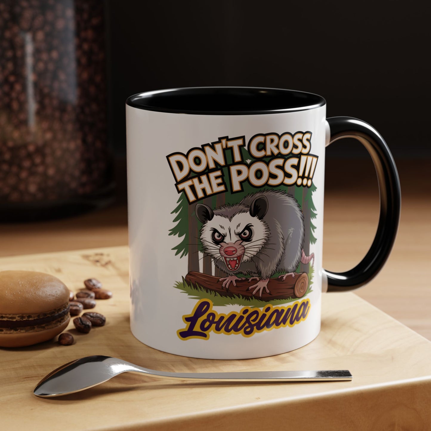 Don't Cross the Poss" – Angry Possum Cartoon Mug with Louisiana Script