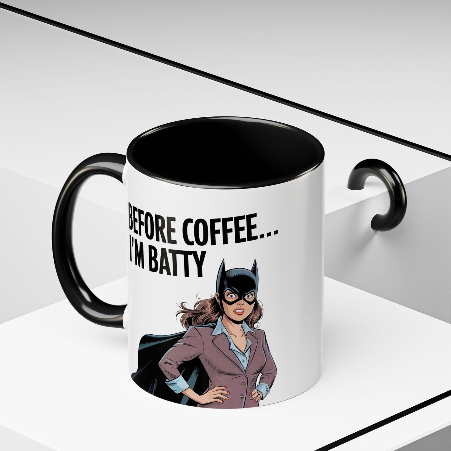 Before Coffee I'm Batty" – Fun Bat Mask & Cape Graphic Mug | Perfect Coffee Gift for Her