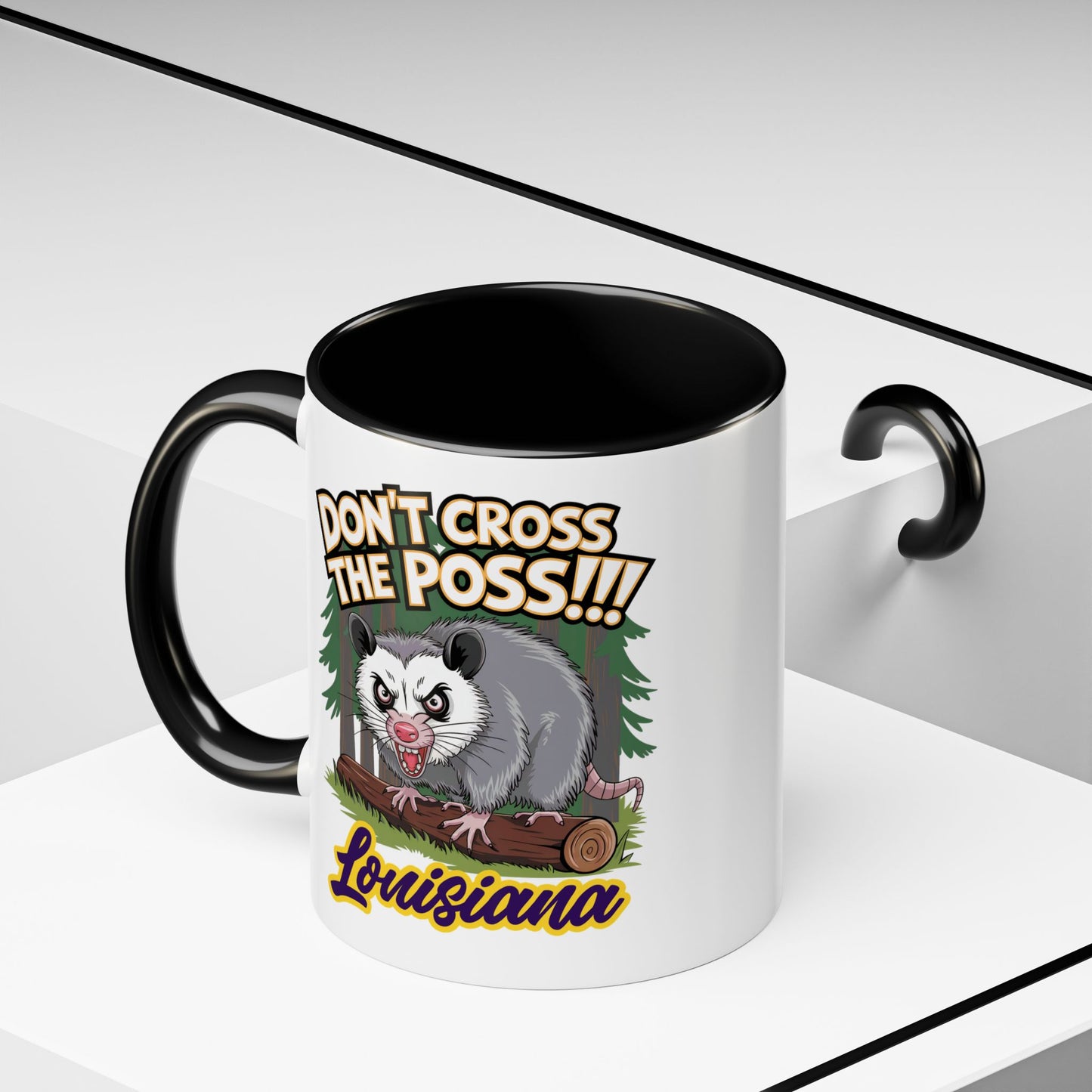 Don't Cross the Poss" – Angry Possum Cartoon Mug with Louisiana Script