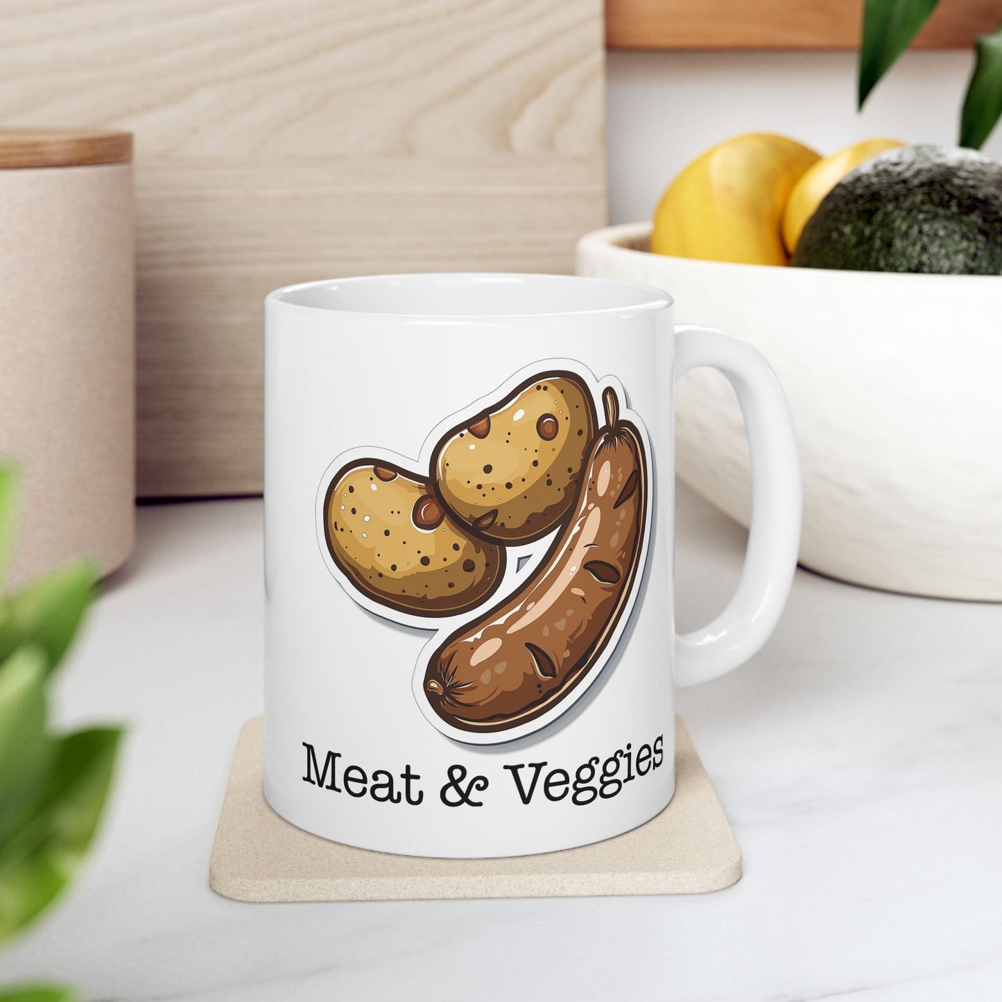 Meat and Veggies" – Cheeky Sausage & Potatoes Graphic Mug