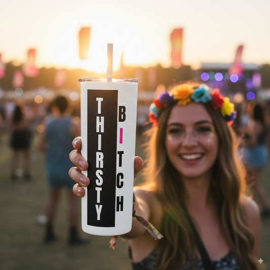 Thirsty Bitch Tumbler | Funny 20oz Skinny Cup with Straw | Festival Travel Mug | Hot or Cold Drinkware | Matte UV Print
