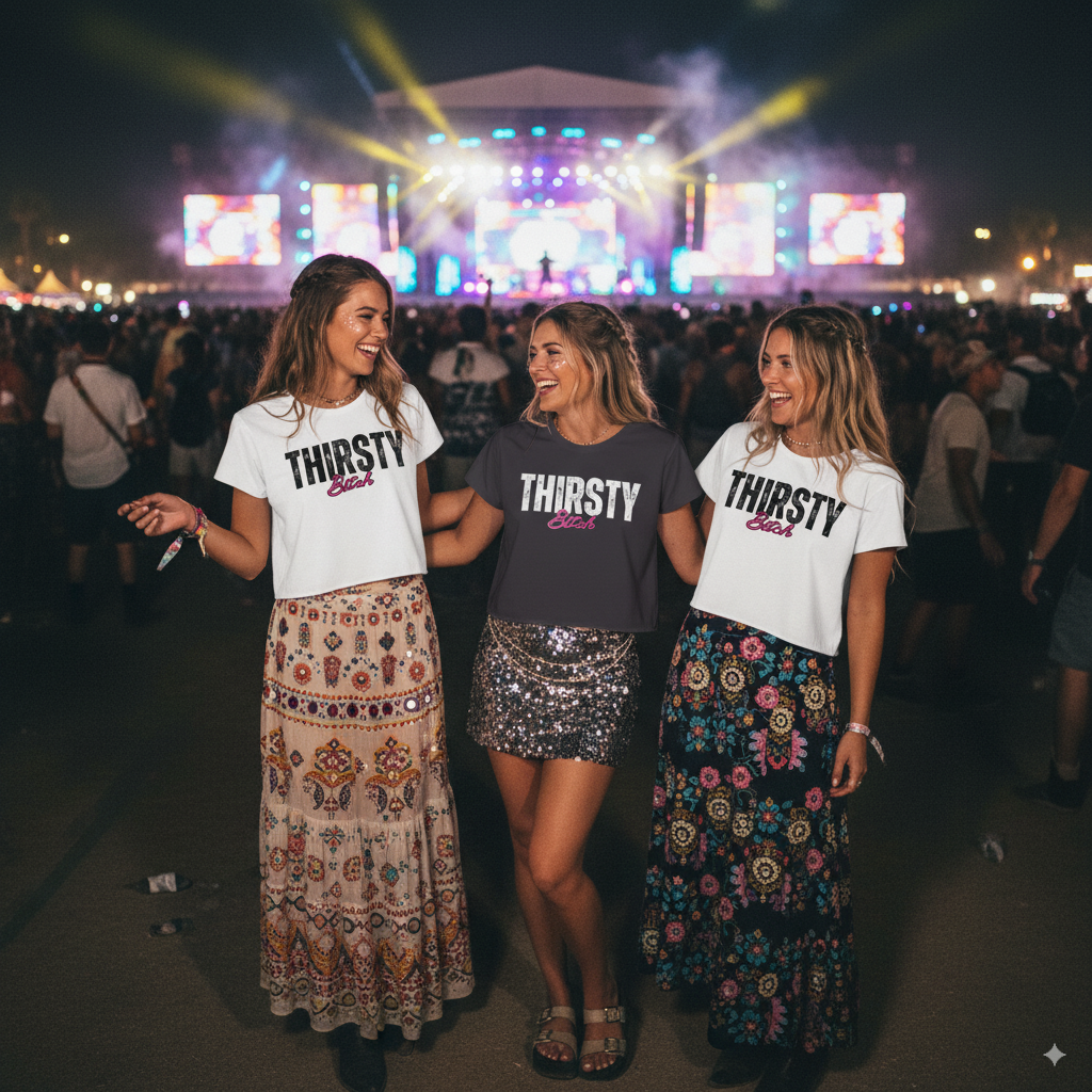 Thirsty Bitch Crop Top | Funny Festival Crop Tee | Girls Night Out Shirt | Relaxed Fit Graphic Tee | Party Clubwear